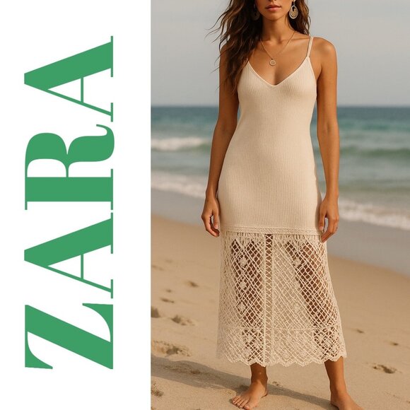 ZARA OPEN KNIT CROCHET MIDI SLIP DRESS IVORY COASTAL RESORT BOHO MINIMALIST, L - Picture 13 of 15